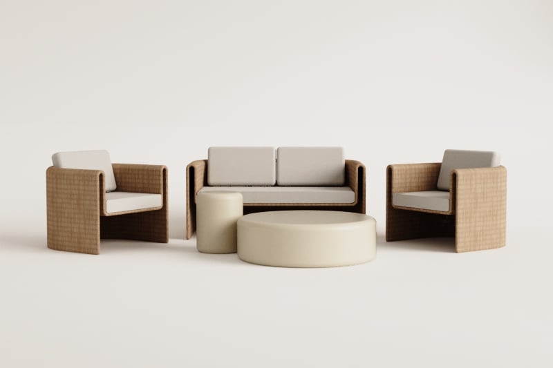 Tuinset met 2-zitsbank, 2 stoelen van staal en synthetisch riet Lina en 2 salontafels van cement Fonelas