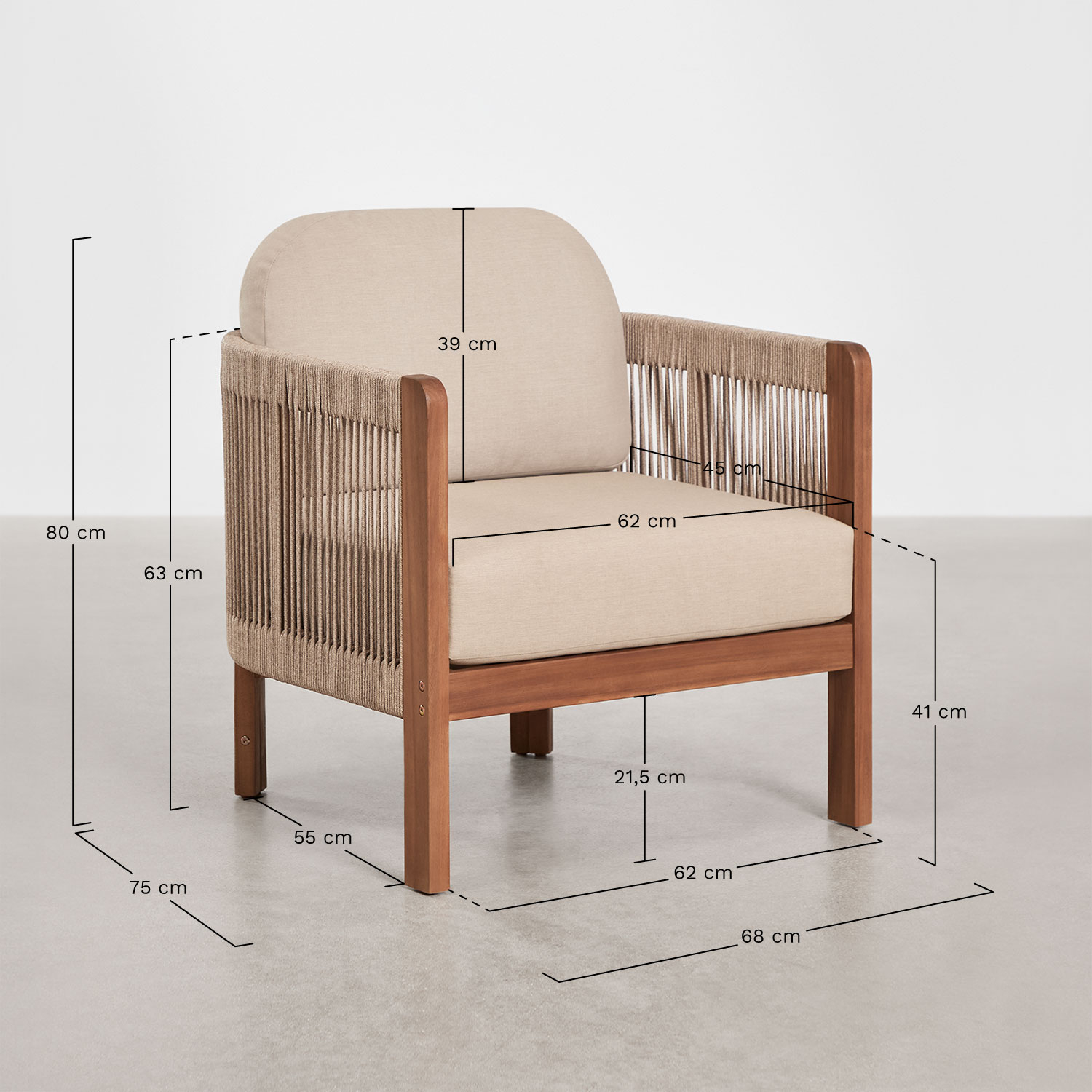 Serel tuinset met 2 fauteuils en salontafel van acaciahout, AFMETINGEN