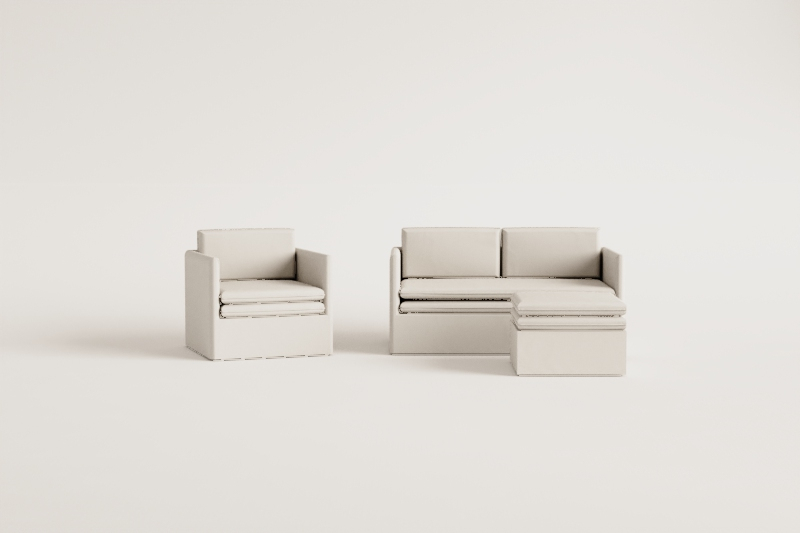 Woonkamerset met 2-zitsbank, fauteuil en poef in linnen en katoen Grace