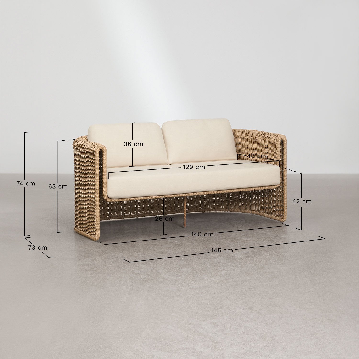 Tuinset met 2-zitsbank, 2 stoelen van staal en synthetisch riet Lina en 2 salontafels van cement Fonelas, AFMETINGEN