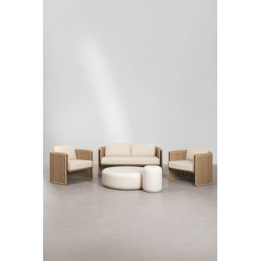 Woonkamerset Met 2-zitsbank, 2 Stoelen Van Staal En Synthetisch Riet Lina En 2 Salontafels Van Cement Fonelas Stof Gardenia Wit - Sklum