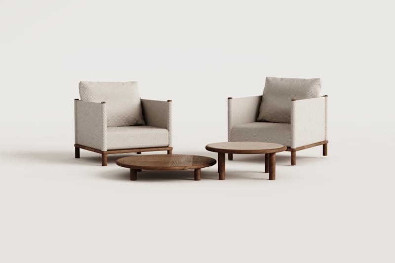 Woonkamerset met 2 fauteuils en 2 ronde salontafels van acaciahout Olivia