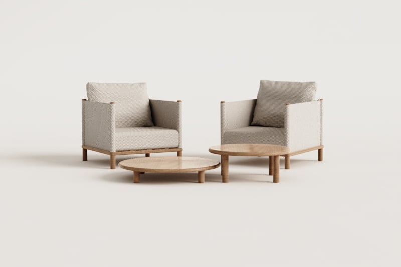 Woonkamerset met 2 fauteuils en 2 ronde salontafels van acaciahout Olivia