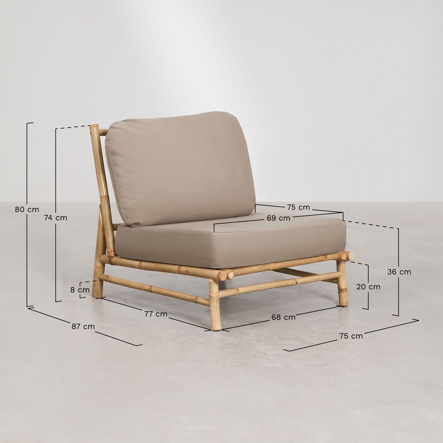 Tuinset met 2 fauteuils en rechthoekige bijzettafel 75x40 cm van bamboe Isendra, AFMETINGEN