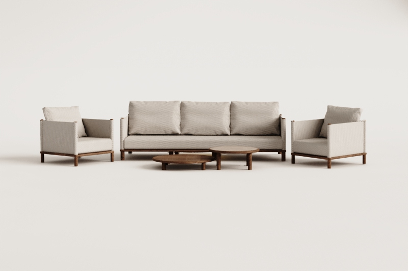 Tuinset met 3-zitsbank, 2 fauteuils en 2 ronde salontafels van acaciahout Olivia