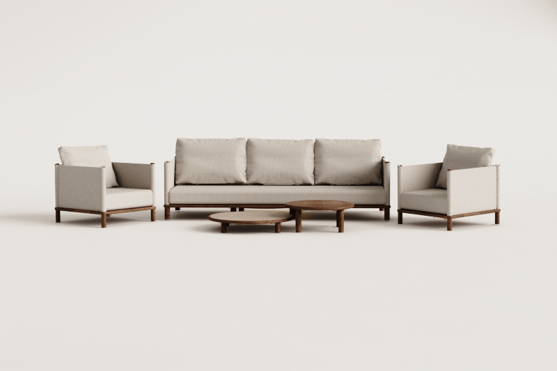 Tuinset met 3-zitsbank, 2 fauteuils en 2 ronde salontafels van acaciahout Olivia