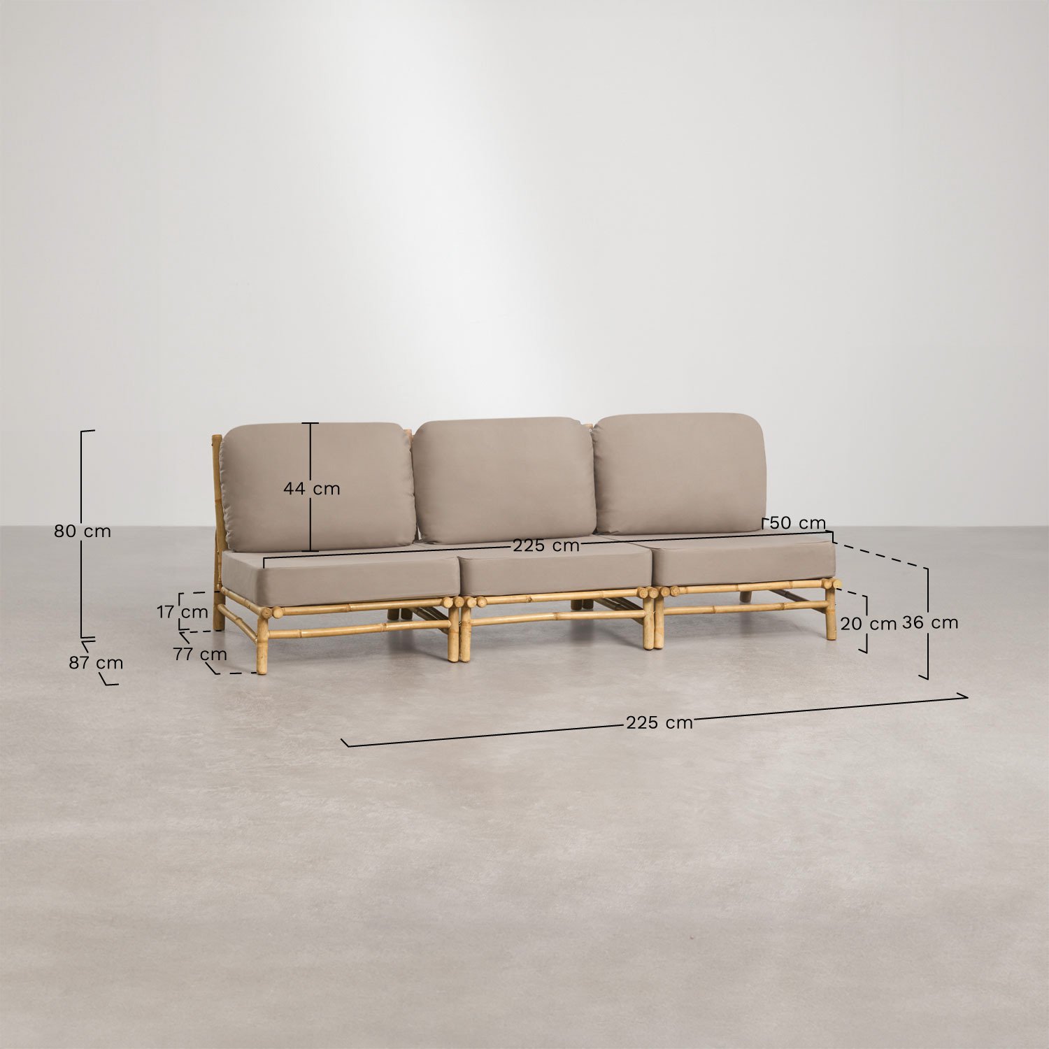 Tuinset met modulaire 3-zitsbank en vierkante salontafel 75x75 cm van bamboe Isendra, AFMETINGEN