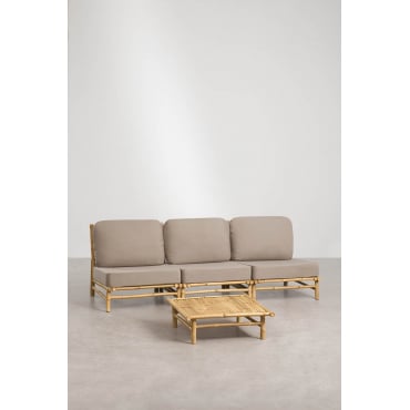 Tuinset Met Modulaire 3-zitsbank En Vierkante Salontafel 75x75 Cm Van Bamboe Isendra Mokka Bruine Stof - Sklum