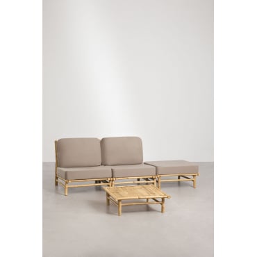 Tuinset Met 2-delige Modulaire Bank, Poef En Vierkante Salontafel 75x75 Cm Van Bamboe Isendra Mokka Bruine Stof - Sklum