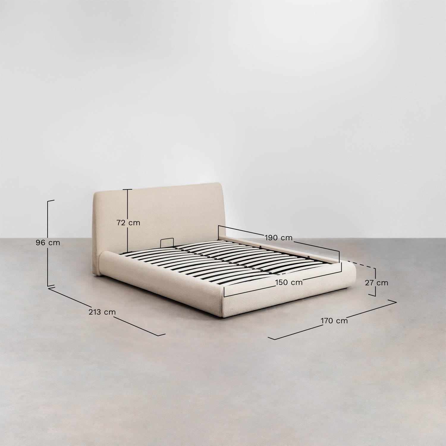 Bed met opklapbare gestoffeerde opbergruimte Norena, AFMETINGEN