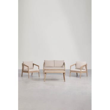 Woonkamerset Met 2-zitsbank, 2 Fauteuils En Salontafel In Acaciahout En Gevlochten Touw Kaela Lichte Acaciekleur & Stof Zandbruin - Sklum