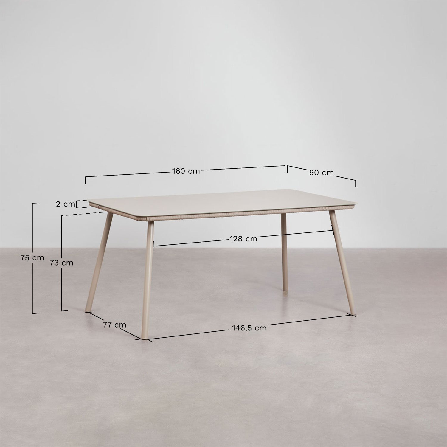 Rechthoekige tafelset 160x90 cm en 6 stapelbare eetkamerstoelen van aluminium Arhiza, AFMETINGEN
