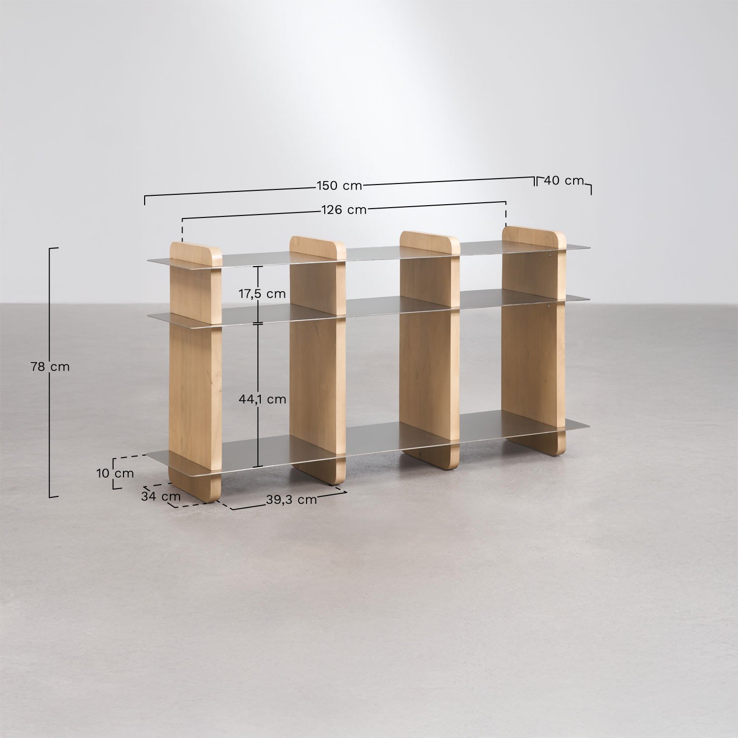 Tokyo boekenplank 150x40 cm van mangohout en staal, AFMETINGEN