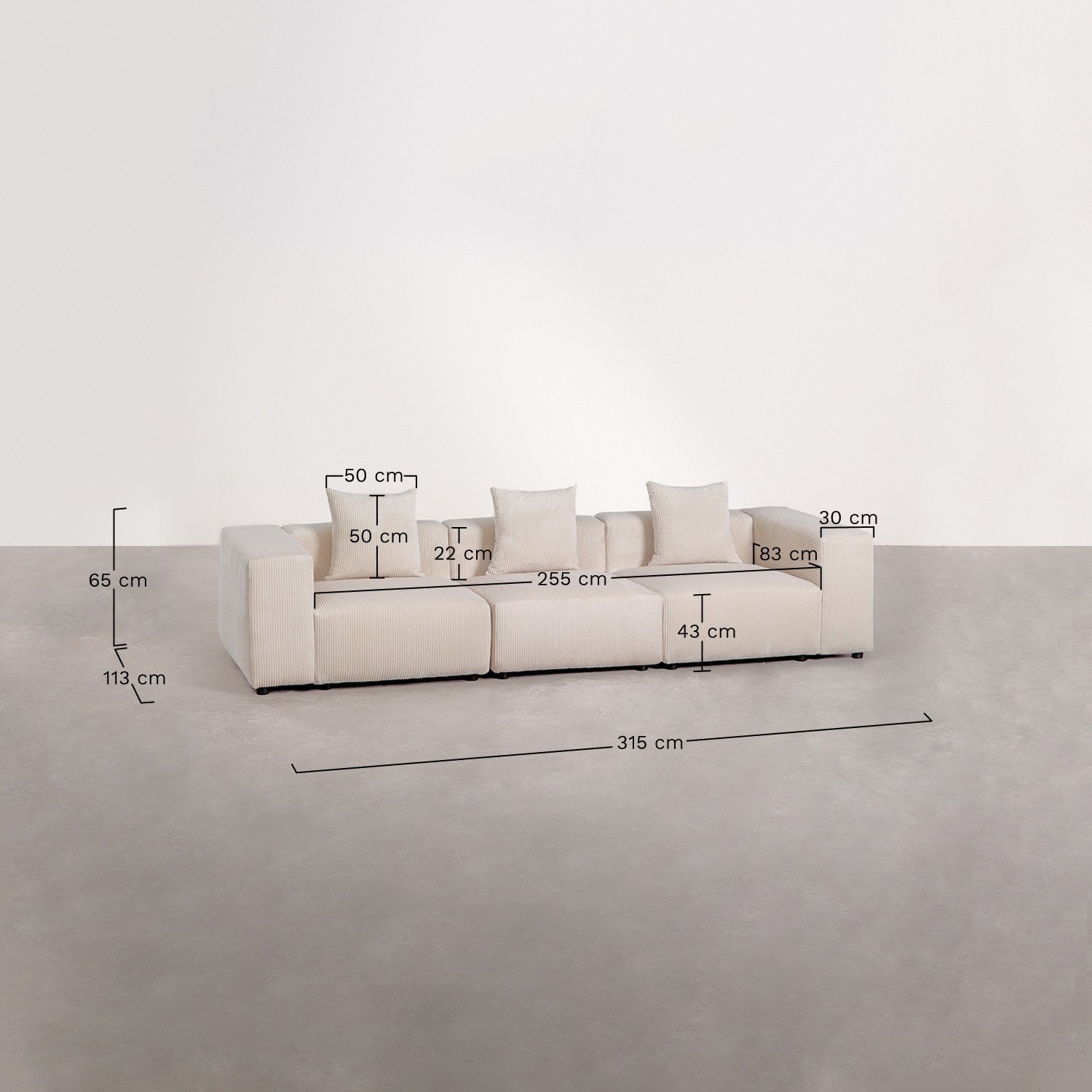 Bruna modulaire 3-zitsbank ↔︎315 cm met hoge armleuning, AFMETINGEN