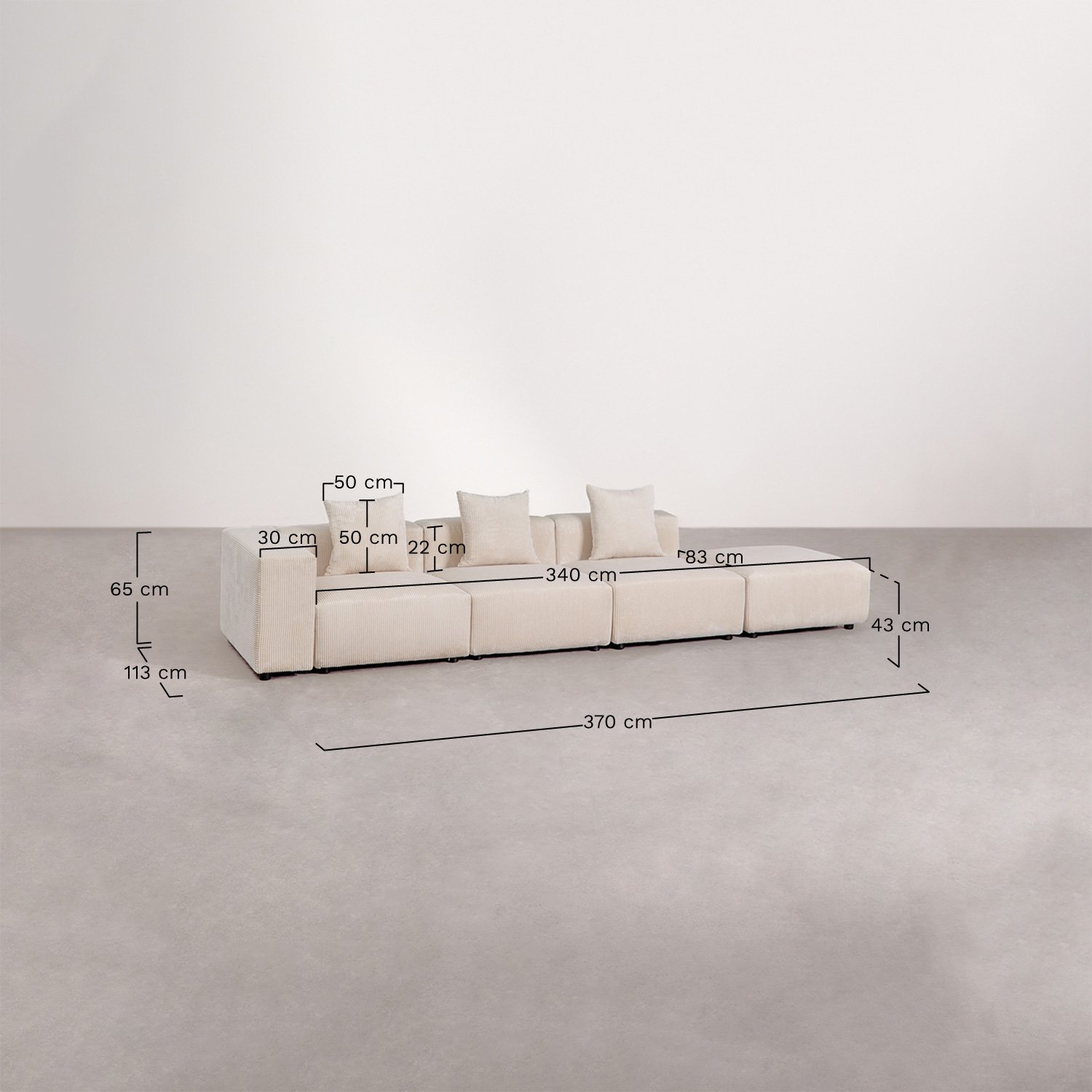 Modulaire hoekbank links met 3 delen met hoge armleuning en poef ↔︎370 cm Bruna, AFMETINGEN