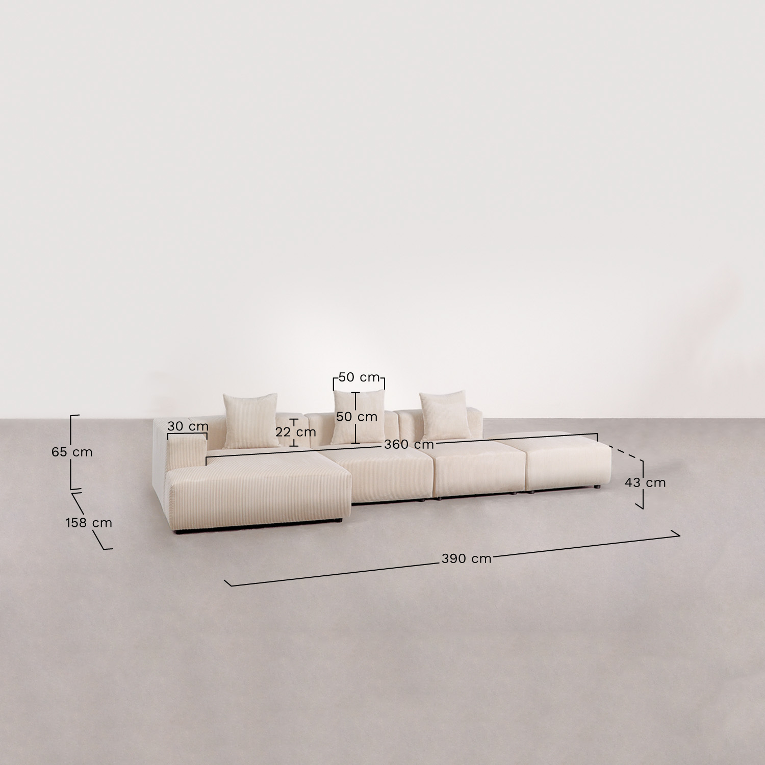 Modulaire hoekbank met chaise longue links, 3-delig met poef ↔︎390 cm Bruna, AFMETINGEN