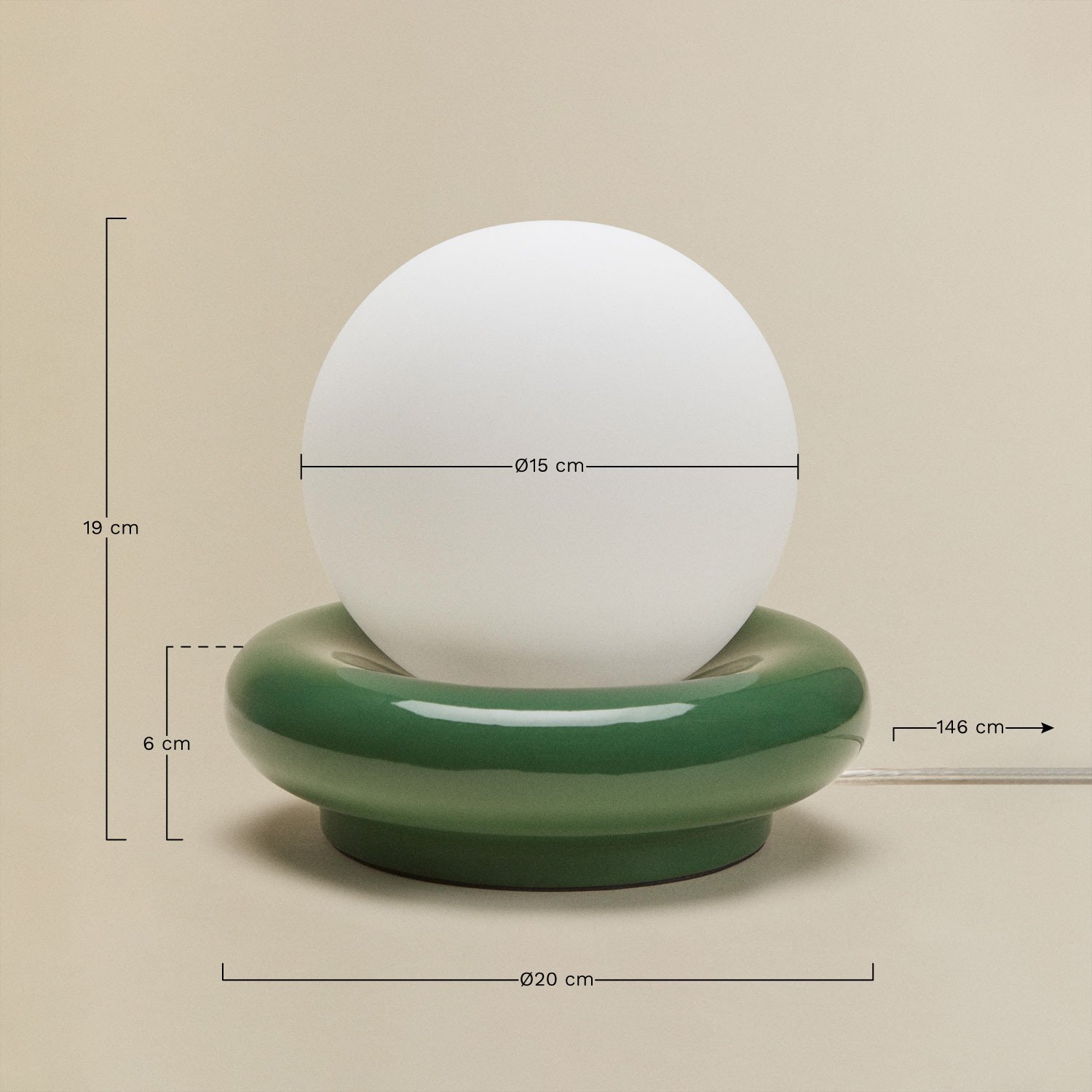 Tafellamp van keramiek met Kryx glazen bol, AFMETINGEN