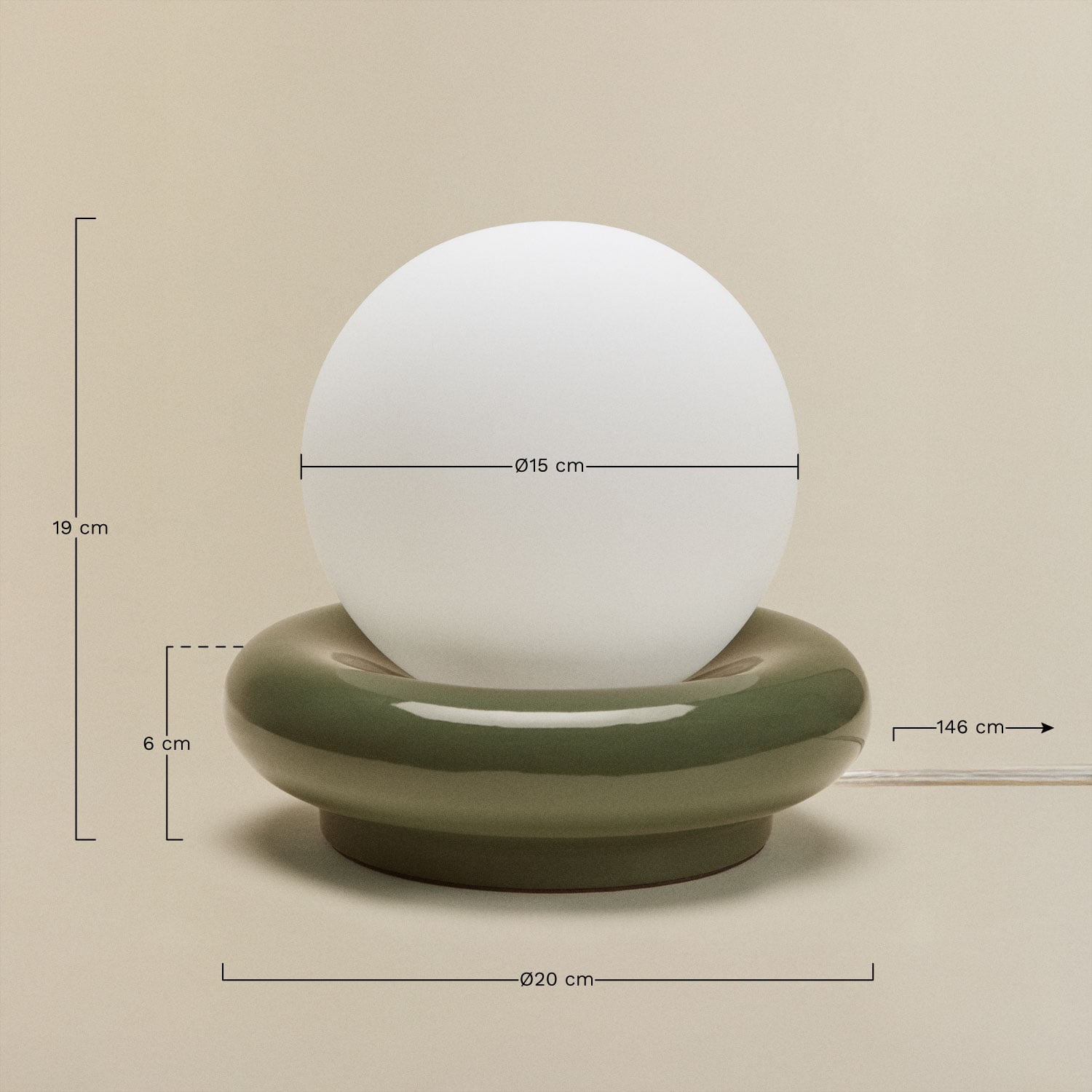 Tafellamp van keramiek met Kryx glazen bol, AFMETINGEN