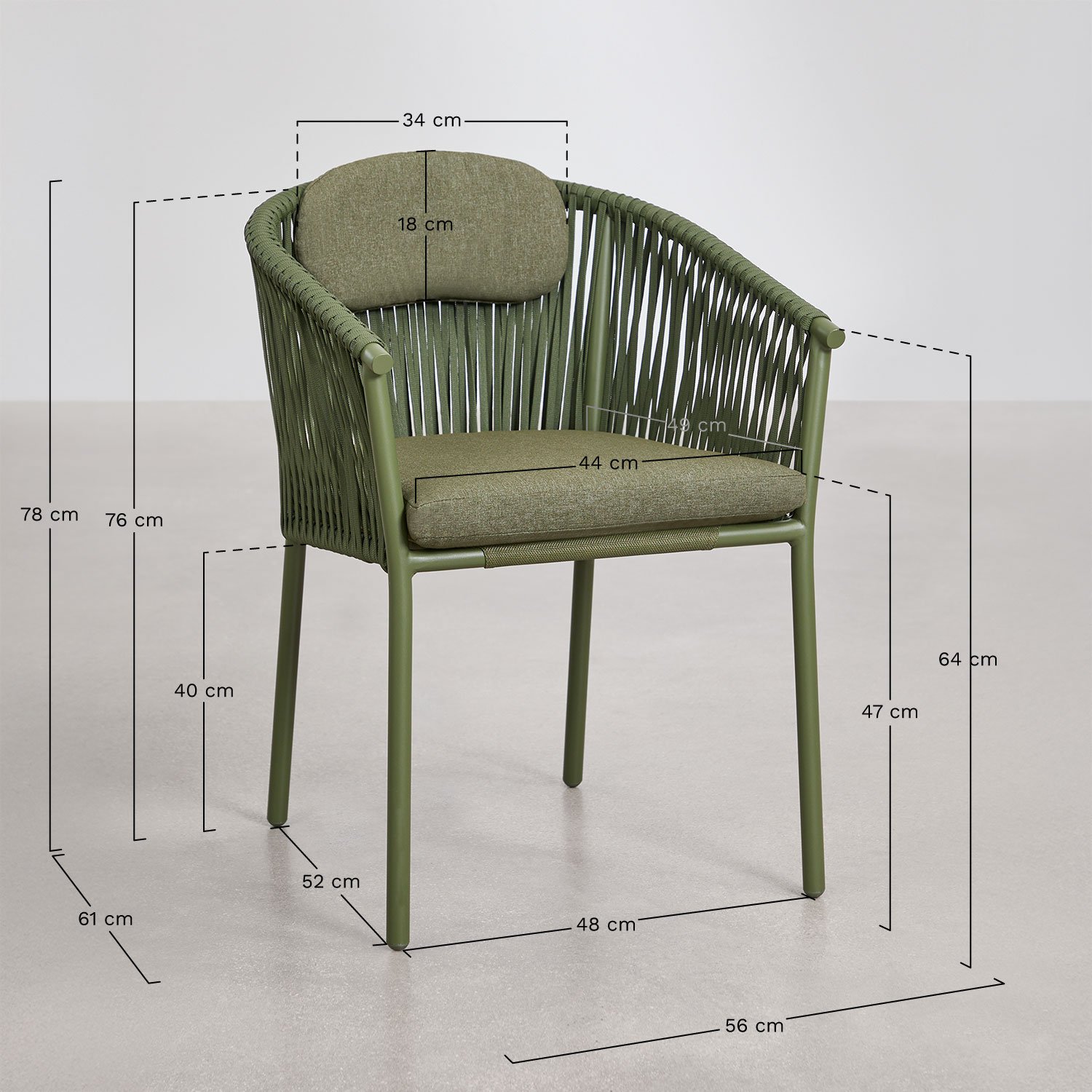 Stapelbare set van 4 eetkamerstoelen met armleuningen van aluminium en gevlochten touw Ondina, AFMETINGEN