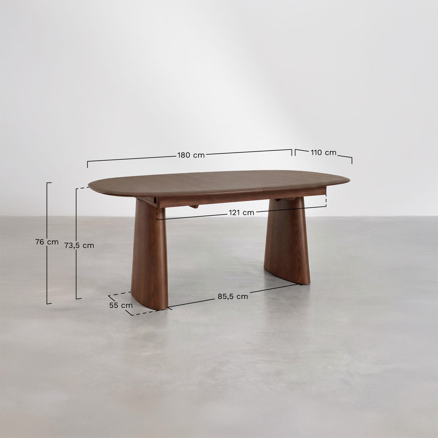 Uitklapbare ovale eettafel van MDF en essenfineer Nuveta, AFMETINGEN