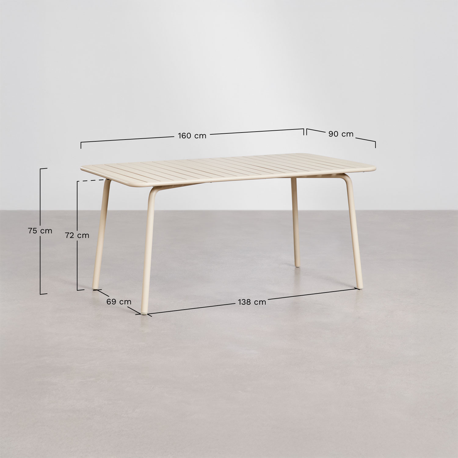 Rectangular eettafel 160x90 cm in staal Florida, AFMETINGEN