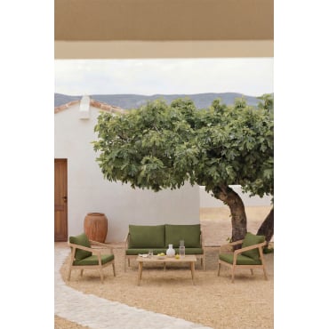 Tuinset Met Bank, 2 Fauteuils En Salontafel Van Acaciahout Kaela Lichte Acaciekleur & 2 Zits & Bouclé Groen – Salie - Sklum