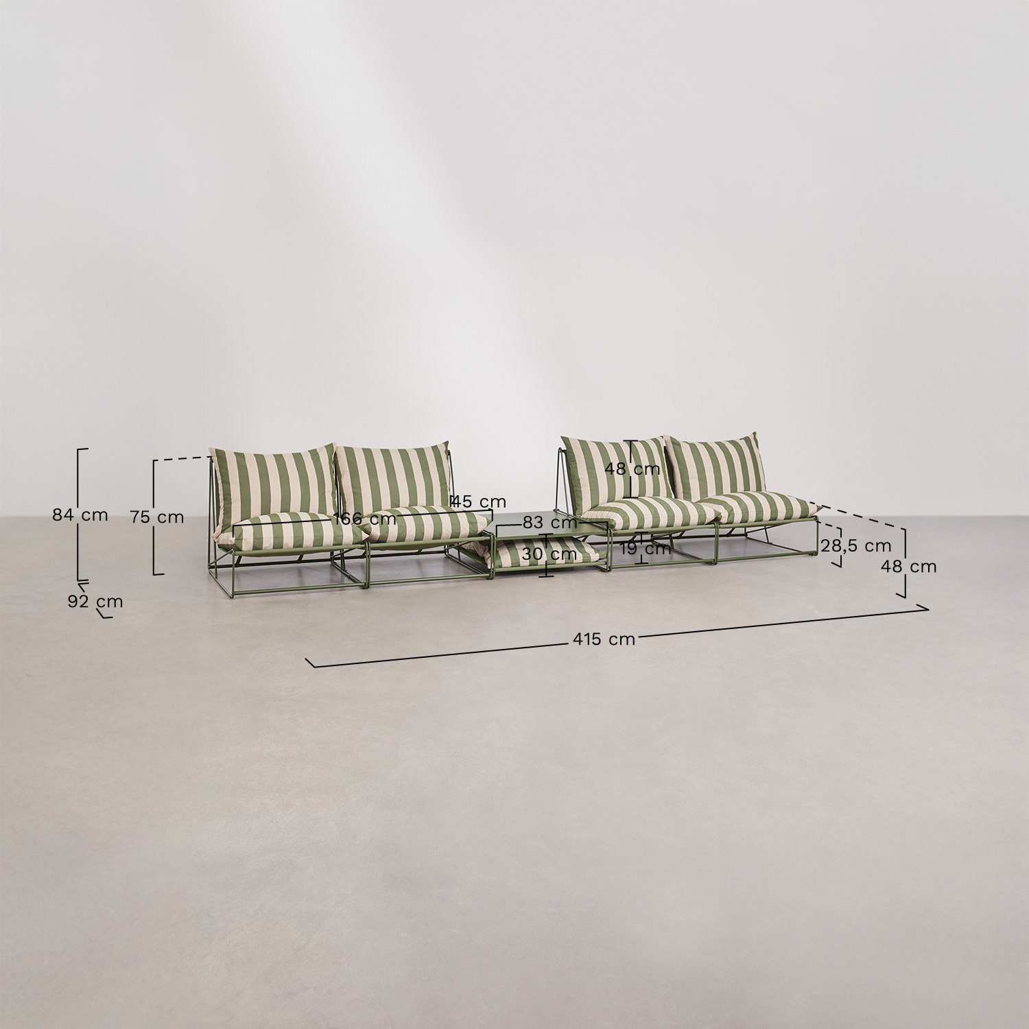 Tuinset met 2 modulaire 2-zitsbanken en ombouwbare bijzettafel Amaro, AFMETINGEN