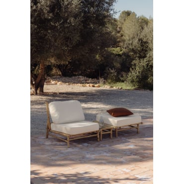 Tuinset Met Stoel, Poef En Rechthoekige Bijzettafel 75x40 Cm Van Bamboe Isendra Stof Wit - Sklum