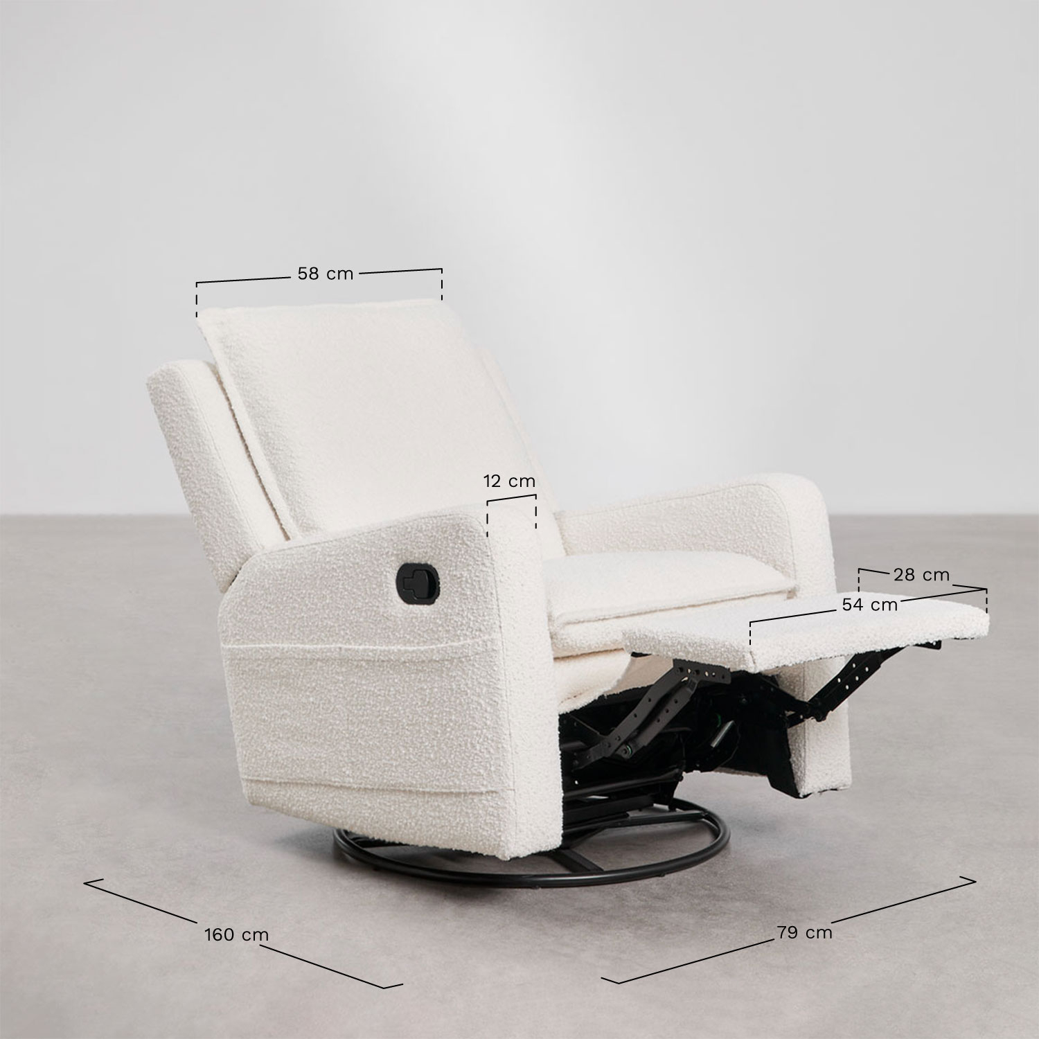 Set van 2 draaibare en verstelbare fauteuils in bouclé stof Nolon, AFMETINGEN