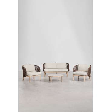 Woonkamerset Met 2-zitsbank, 2 Stoelen Van Gevlochten Capri-touw En Salontafel Van Acaciahout Olivia Bruin – Chocolade - Sklum