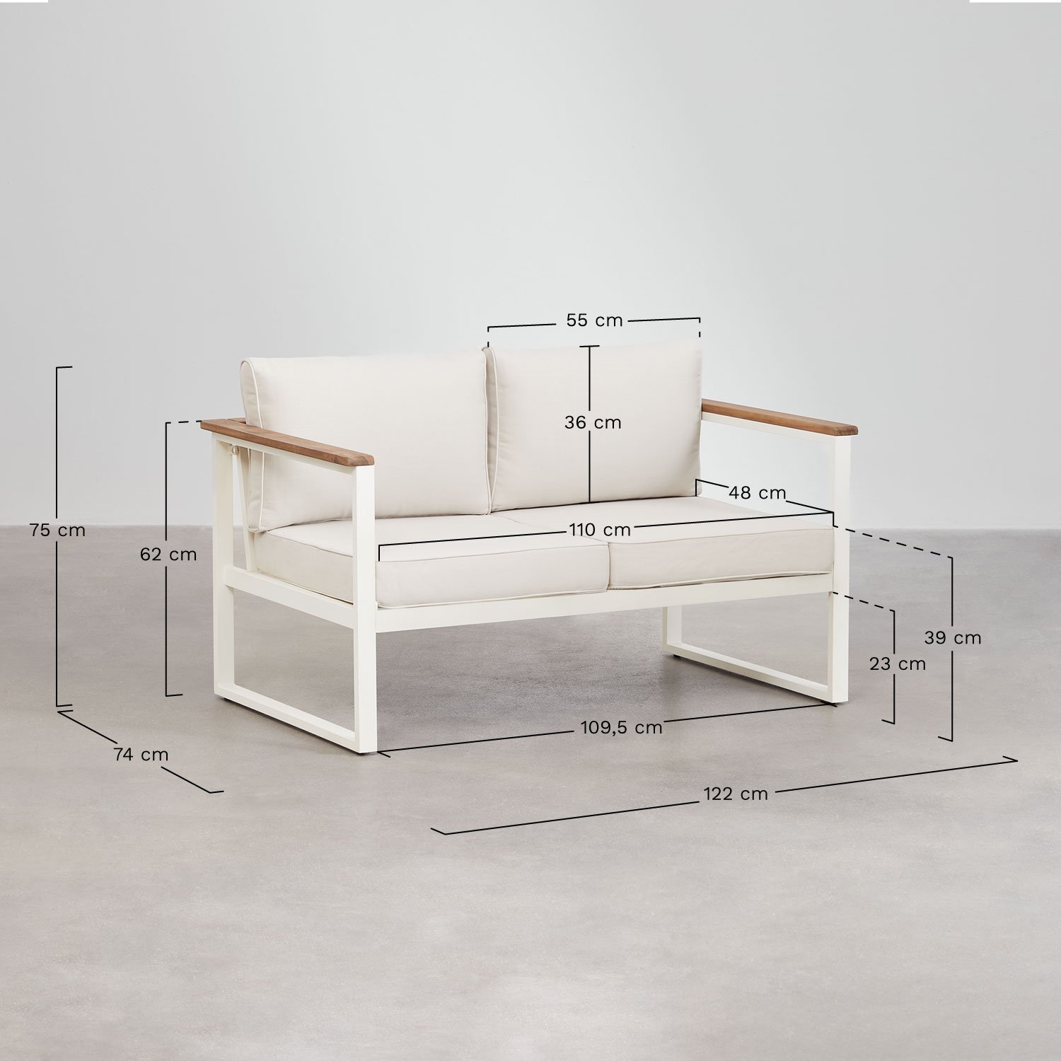 Tuinset met 2-zitsbank, 2 fauteuils en salontafel van aluminium Lipov, AFMETINGEN