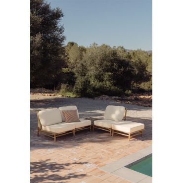 Tuinset Met 3-delige Modulaire Bank, Poef En Vierkante Salontafel 75x75 Cm Van Bamboe Isendra Stof Wit - Sklum