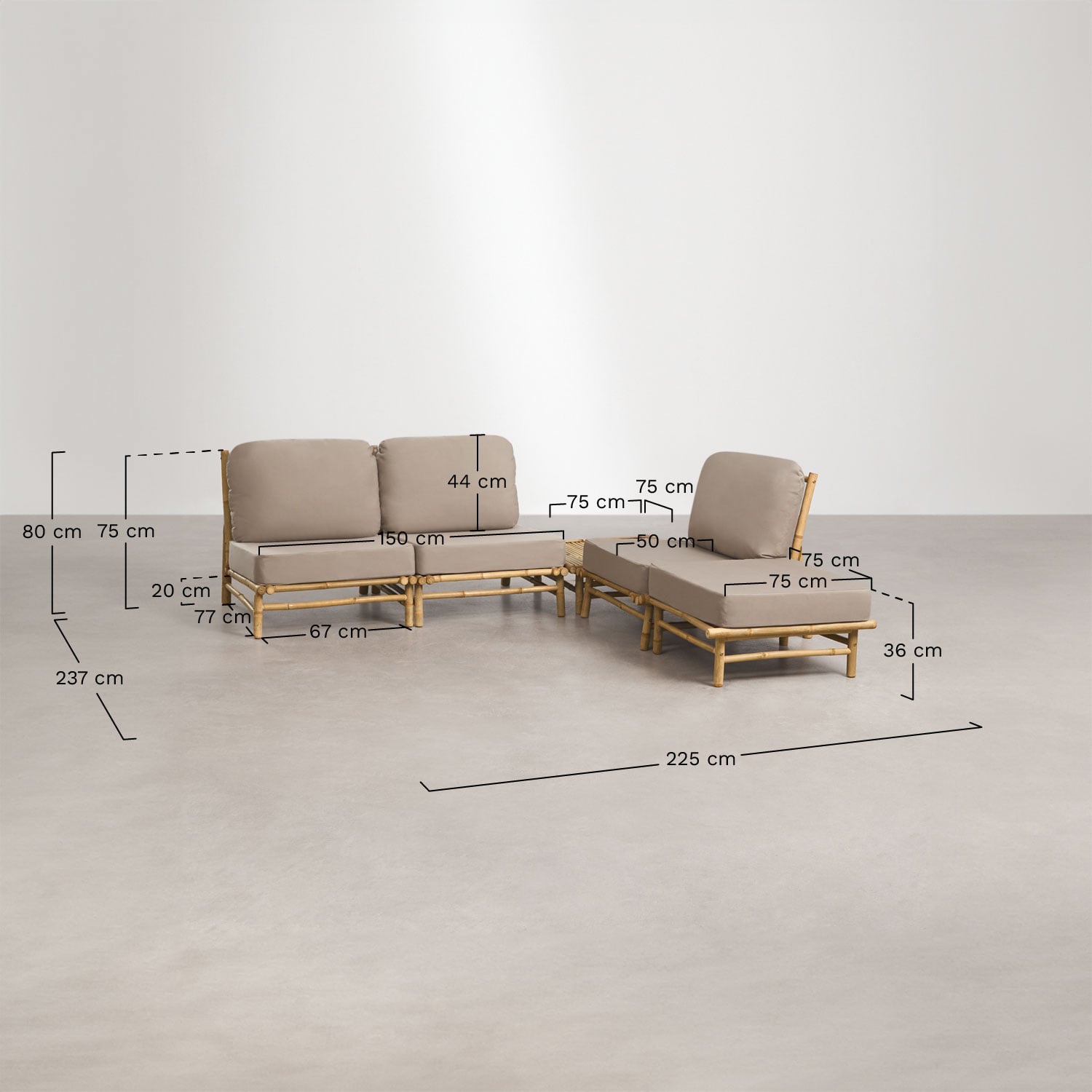 Tuinset met 3-delige modulaire bank, poef en vierkante salontafel 75x75 cm van bamboe Isendra, AFMETINGEN