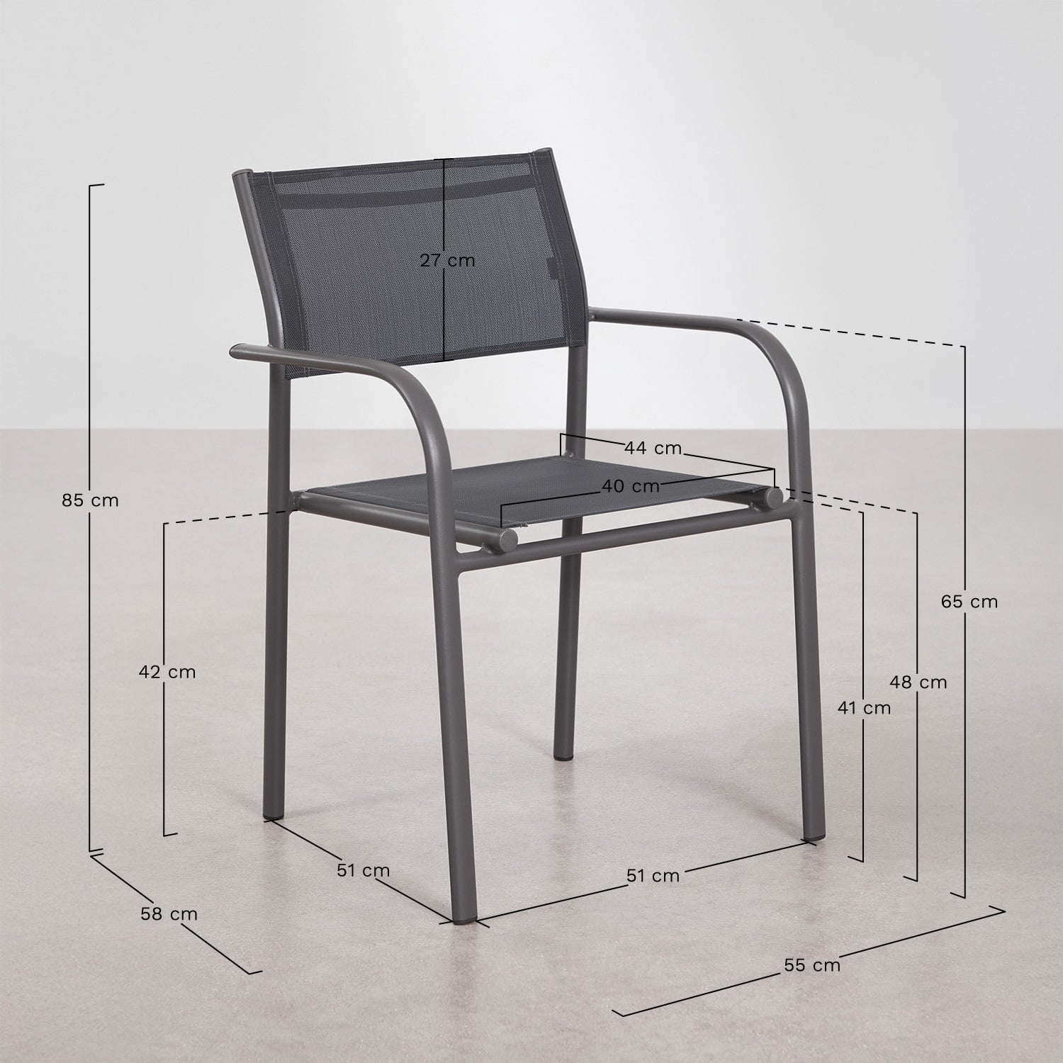 Set van 4 stapelbare tuinstoelen met armleuningen van aluminium Olenia, AFMETINGEN
