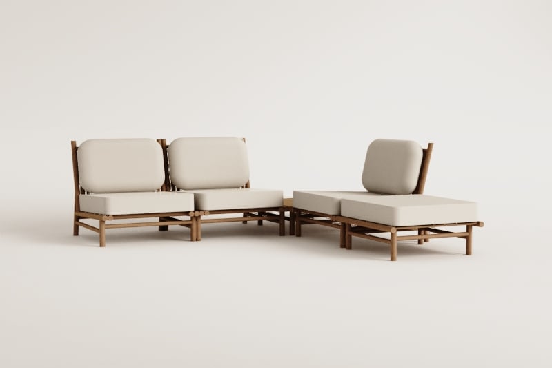 Tuinset met 3-delige modulaire bank, poef en vierkante salontafel 75x75 cm van bamboe Isendra