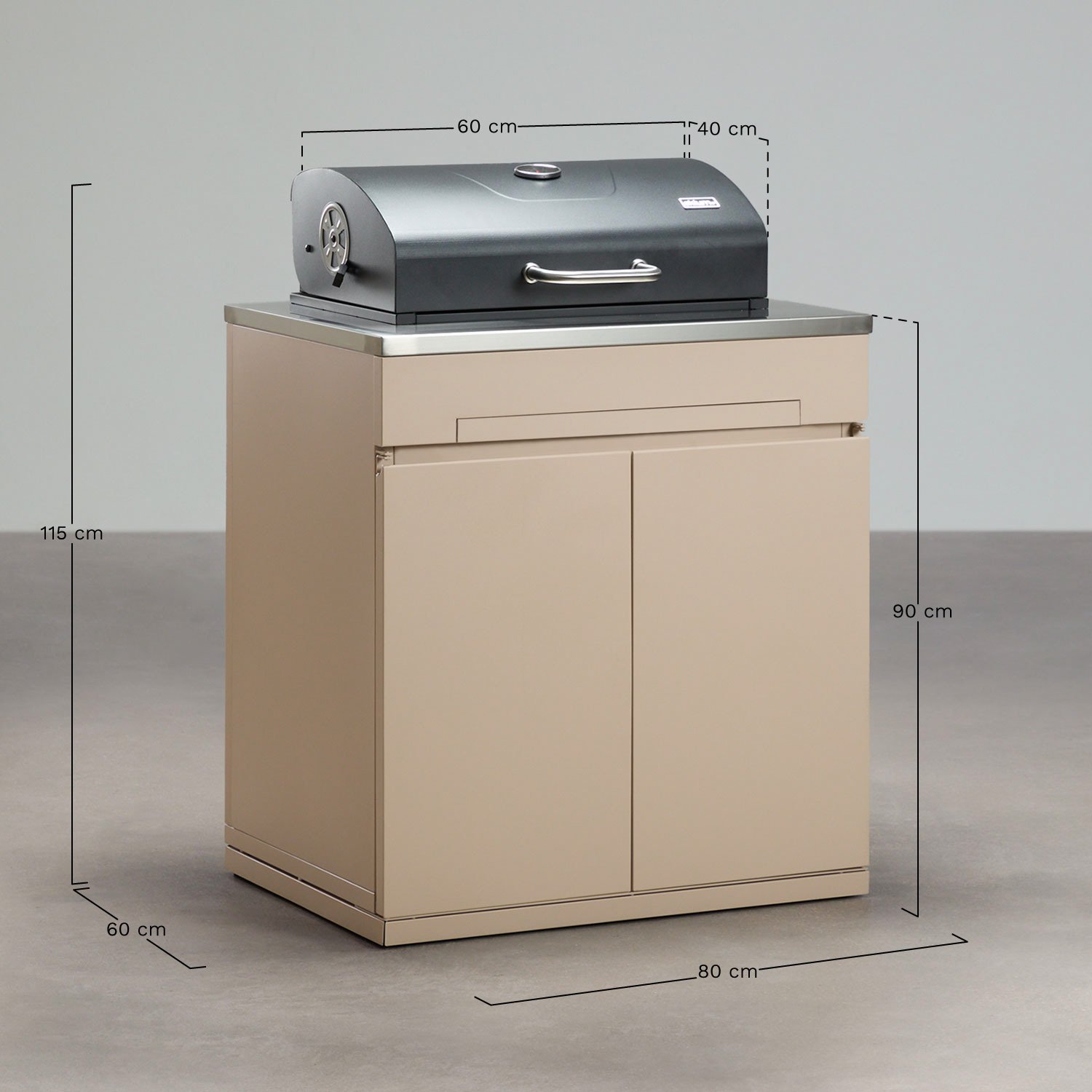 Opslagmodule met houtskoolbarbecue voor modulaire buitenkeuken van Rivana-staal, AFMETINGEN