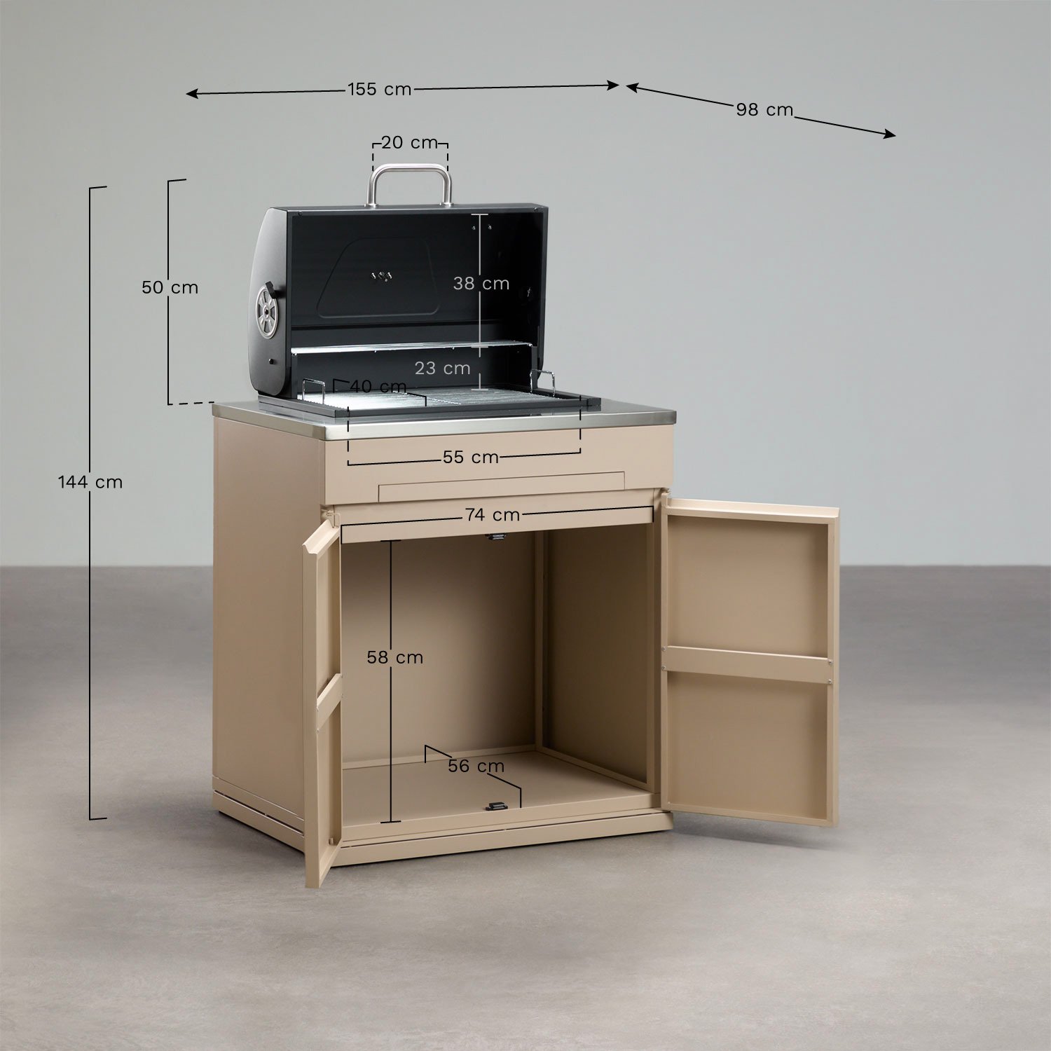 Opslagmodule met houtskoolbarbecue voor modulaire buitenkeuken van Rivana-staal, AFMETINGEN