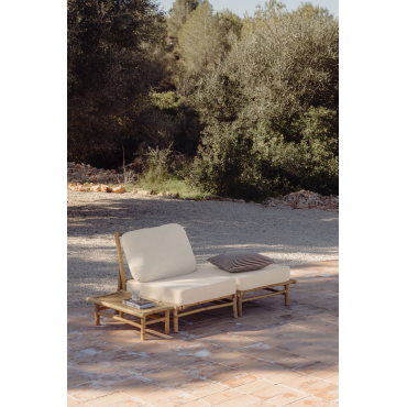 Tuinset Met Stoel, Poef En Rechthoekige Zijtafel 75x40 Cm Van Bamboe Isendra Stof Wit - Sklum