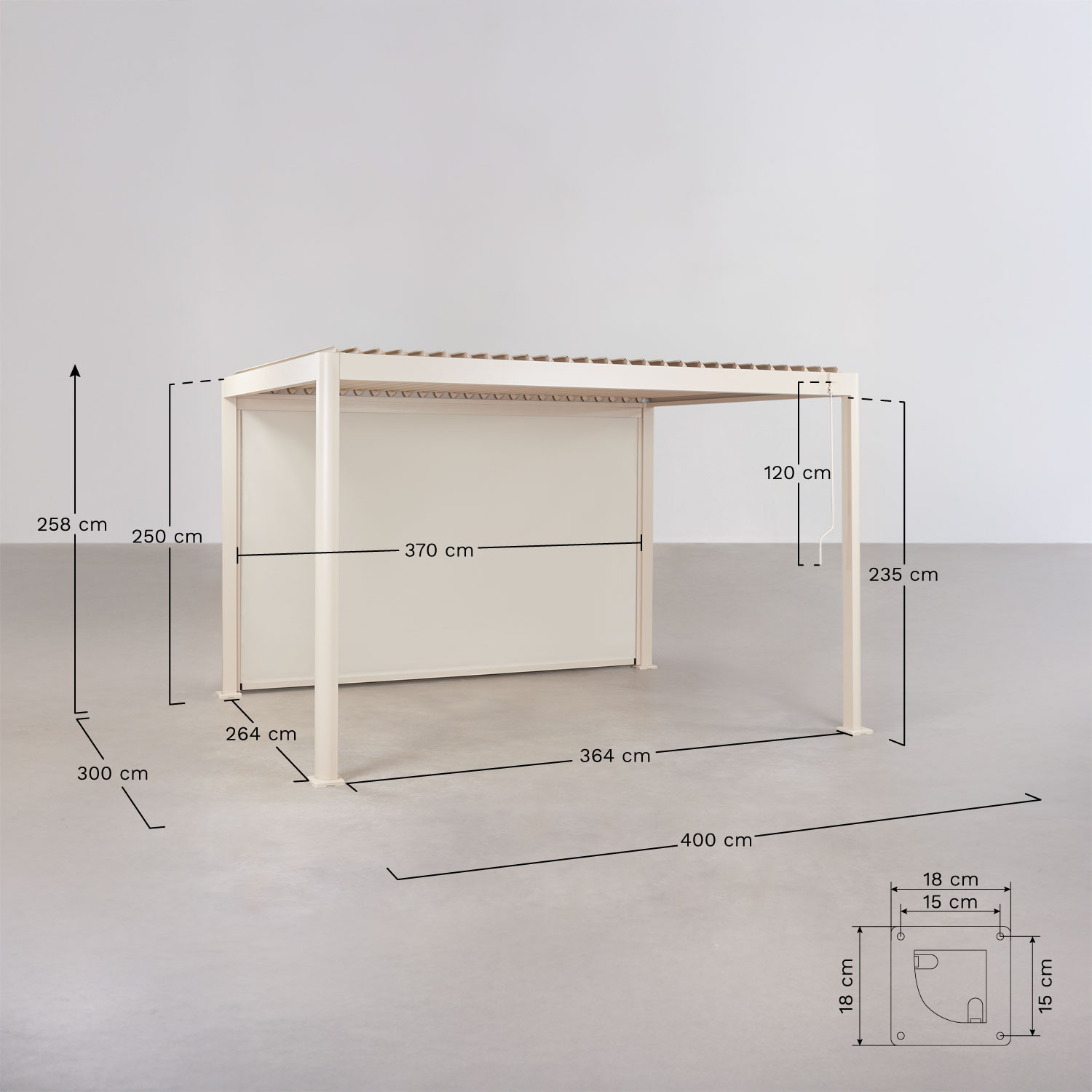Bioclimatische pergola met lamellen en zijdoek van aluminium Druvia, AFMETINGEN