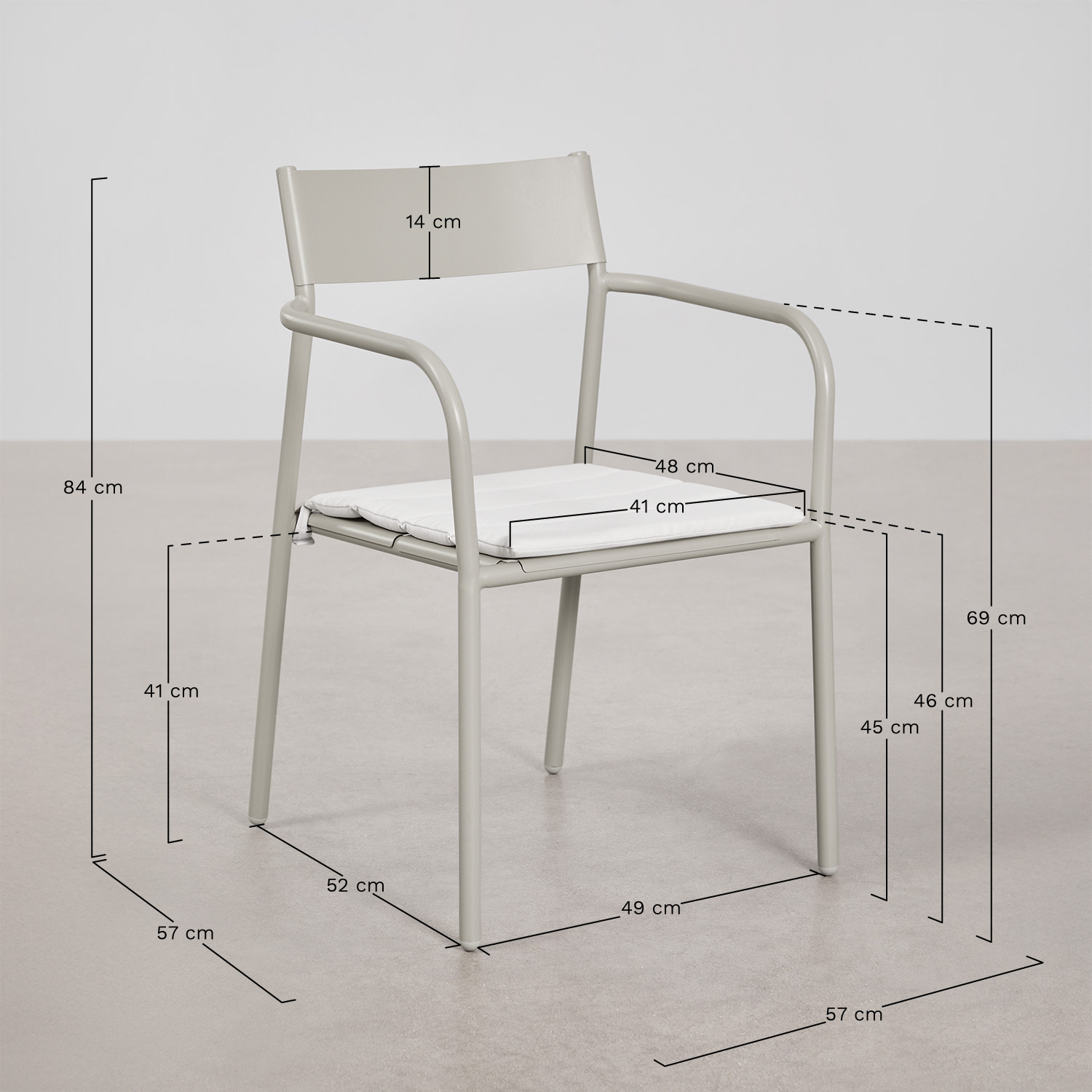 Stapelbare set van 2 eetkamerstoelen met armleuningen van staal Tossa, AFMETINGEN