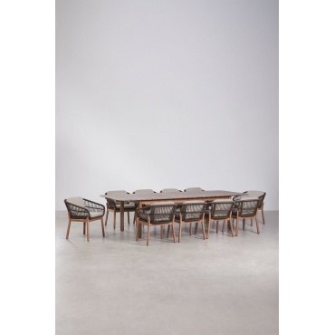 Rechthoekige Uitschuifbare Eettafelset Duala 250-310x105 Cm En 10 Eetkamerstoelen Van Acaciahout En Gevlochten Touw Karvia Acacia Bruin & - Sklum