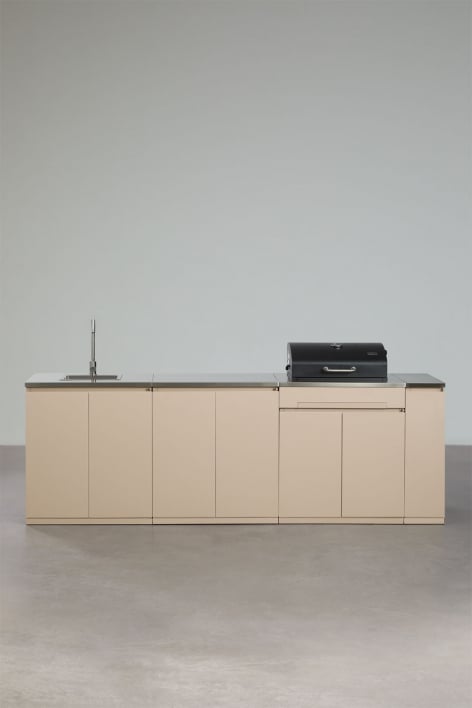 Modulaire buitenkeuken van 4 delen met gootsteen, opbergruimte en houtskoolbarbecue van Rivana-staal