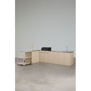 Modulaire Buitenhoekkeuken Van 6 Delen Met Gootsteen, Opbergruimte En Houtskoolbarbecue Van Rivana-staal Tapioca Beige & Grijs Geborsteld Rintran -