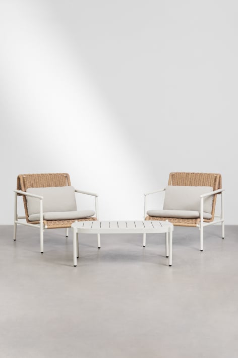 Tuinset met 2 fauteuils en salontafel van aluminium en synthetisch riet Duroli