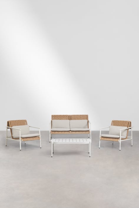 Tuinset met 2-zitsbank, 2 fauteuils en salontafel van aluminium en synthetisch riet Duroli - Gardenia Wit