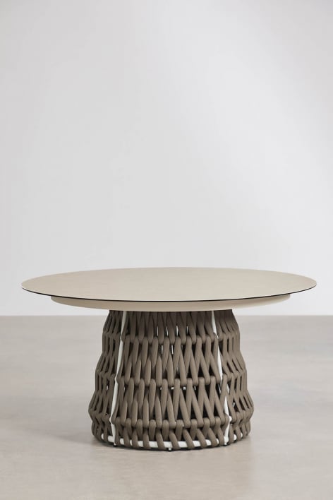 Ronde eettafel Ø140 cm van keramiek en gevlochten touw Tevary - Gardenia Wit