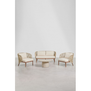 Woonkamerset Met 2-zitsbank, 2 Capri Fauteuils En Ronde Salontafel Ø75 Cm In Layana Cement Beige – Crème - Sklum