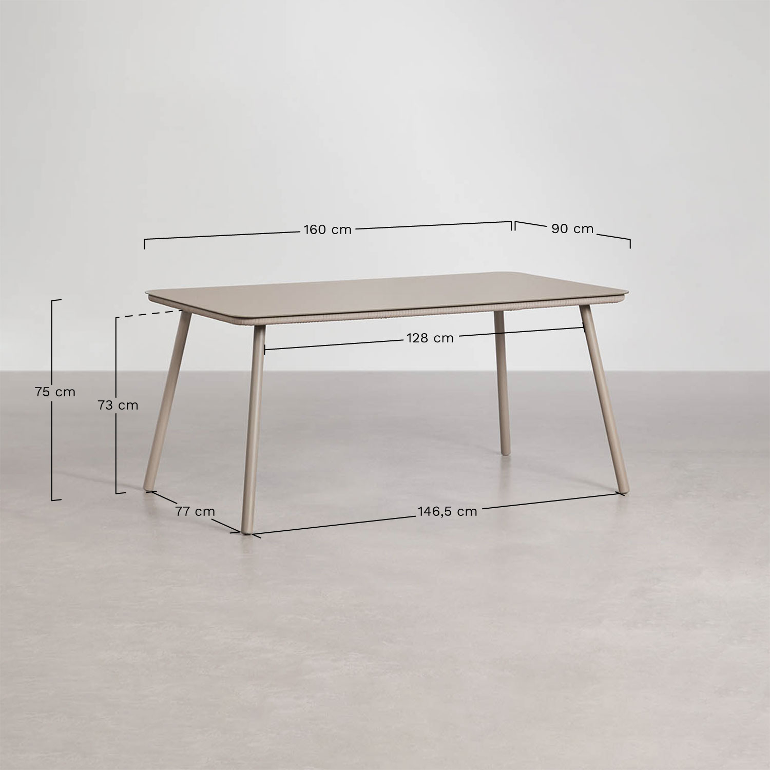 Rechthoekige eettafelset 160 x 90 cm met 4 stapelbare eetkamerstoelen van gevlochten touw Arhiza, AFMETINGEN