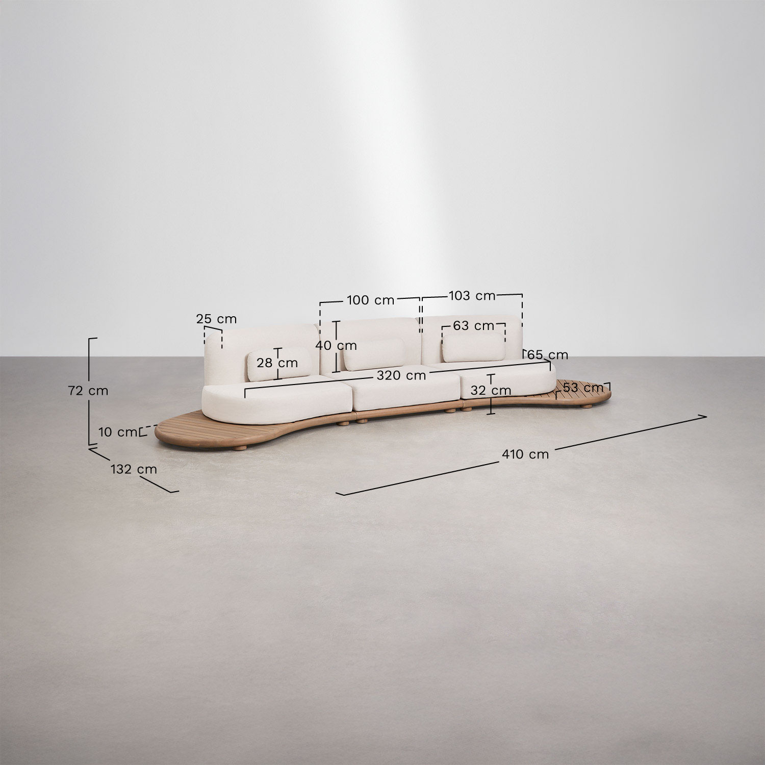 Tuinset met rechte modulaire 3-zitsbank en ovale salontafel 120x95 cm van acaciahout Gerard, AFMETINGEN