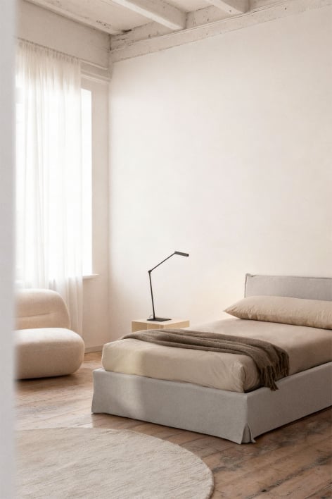 Bed voor matras 90x190cm met opklapbed in gebroken wit chenille Lorea